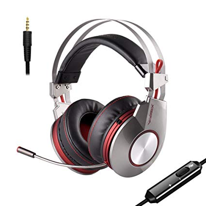 PS4 3.5mm Headset for Xbox One Headphones Wired Over Ear Surround Sound with Microphone Switch Stereo Bass Volume Control Noise Isolating for Laptop, Mac, Computer, Tablet (Silver & Red)