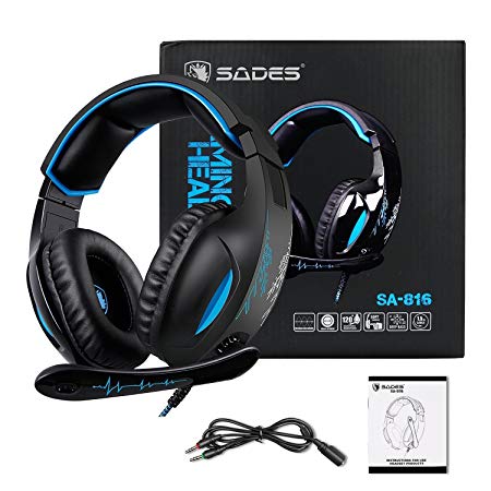 SADES SA816S Stereo Gaming Headset with Mic, Noise Cancelling Over Ear Headphones, Bass Surround, Soft Memory Earmuffs for PS4, PC, Xbox One Controller, Laptop Mac Nintendo Switch Games Phones