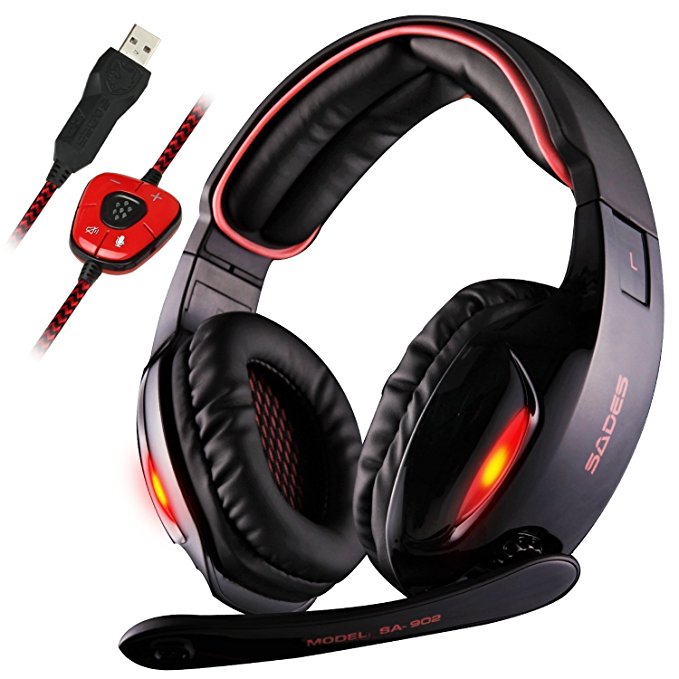 GW Sades Newly SA902 7.1 Channel Virtual USB Surround Stereo Wired Over Ear PC Gaming Headset Headphones with Mic Revolution Volume Control Noise Canceling LED Light (Black/Red)