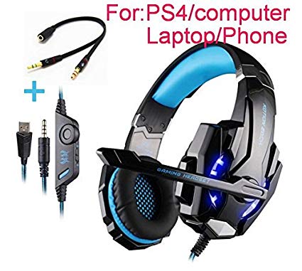 Beyda Tech NEW Gaming Headset Game Headphone Headsets with Microphone LED Light 3.5mm for PS4 Computer.Laptop.Tablet.All Mobile Phones with Noise Cancelling & Volume Control （Blue）