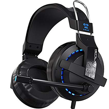 Gaming Headphone Wired for PC/Mac/PS4/Xbox with Microphone,Horsky E-Blue Surround Stereo Over Ear Headset for Computer Gamer Volume Control Noise Cancelling Earphone 3.5mm Jack LED Light Black
