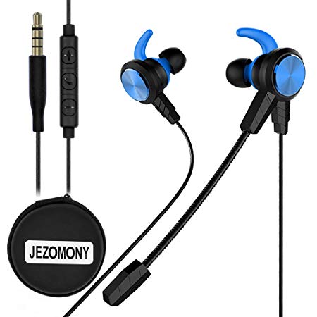 Wired Gaming Earphone with Detachable HD mic for PS4, Laptop Computer, Cellphone,JEZOMONY E-sport Earburds with Portable Earphone Bags, in-ear Headphone, Inline Controls for Hands-free Calling (Blue)
