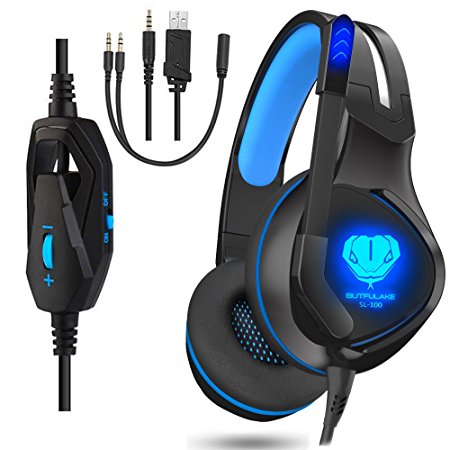 Stereo Gaming Headset for PS4, PC, Xbox One Games, Gamer Over-Ear Headphones with Mic, Noise Canceling, Bass Surround, LED Light for Controller, Laptop, Mac, iPad (Blue)