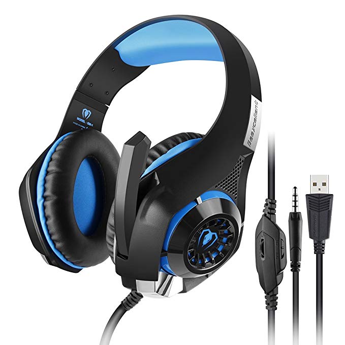 Aiposen headset 3.5mm Gaming Headset LED Light Over-Ear Gaming with Volume Control Microphone for PS4 Laptop, Tablet, PSP, Xbox, Mobile Phones(Black+Blue)