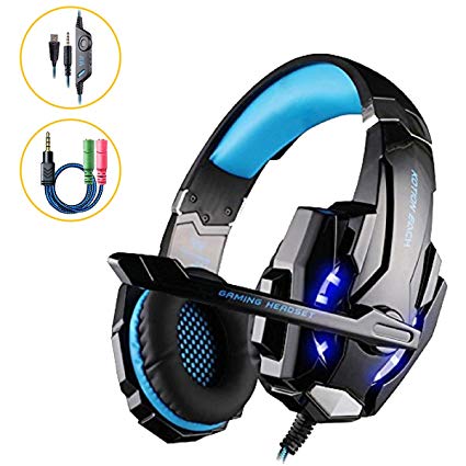 G9000 Pro Gaming Bass Over-ear Headset 3.5mm LED Lighting Noise Cancellation and In-line Controller Headphone Earphones with Microphone for PS4 Tablet Laptop Blue