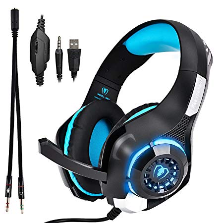 Beexcellent GM-1 Over-ear Wired 3.5mm Pro Gaming Headset Surround Sound Gaming Headphone with LED effect and Microphone for PC, Laptop, Tablet, PS4, Xbox, Cell phone (Blue)