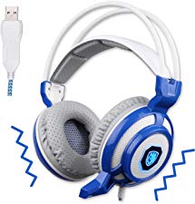 SADES Vibration Mode USB Gaming Headset Headphones with Microphone LED Lights for PC Mac PS4 (Blue and White)