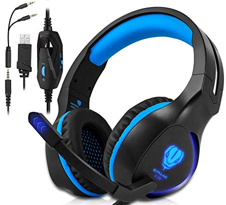 Xbox One, PS4 Gaming Headset , Headphones with Mic and LED Light for Laptop Computer,Stereo Gamer Headphones,3.5mm Wired Noise Isolation Gaming Headphones (Blue)