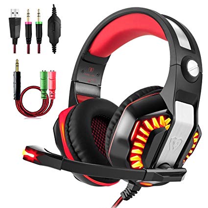 FURNIZONE Stereo Gaming Headset with Mic for PS4 PC Laptop Xbox One Surround Stereo Wired Headset 3.5mm Over Ear Headphone 7.1 Channel Virtual USB Volume Control Noise Canceling(Black and Red)