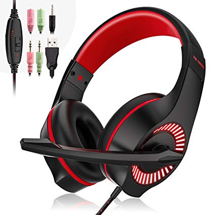 Gaming Headset, 3.5mm Wired Game Headphone Earphone with Mic Surround Stereo Bass,Noise Reduction, LED Light, for PS4 New Xbox One Nintendo Switch PC Computer Laptop Mobile Phones (Red)