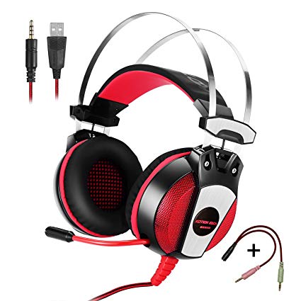 KOTION EACH GS500 Professional 3.5mm PC Stereo Gaming Headset, Bass Headphones, Comfortable Headband with in-line Mic, Integrated Microphone, LED Light for PS4 PC Computer Laptop Mobile Phones (Red)