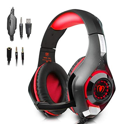 Gaming Headset for PS4 - Stereo PC Gaming Headset with LED Light, USB Headset Bass Over-ear Gaming headphones, Lightweight Headset with Microphone for PS4, PC, Xbox One, Wii U, Laptop (red & black)