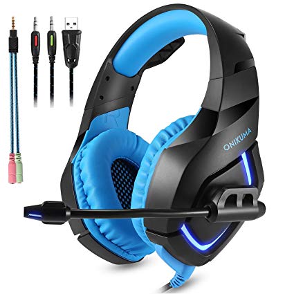 Gaming Headset for PS4 - Stereo PC Gaming Headset with LED Light, USB Headset Bass Over-ear Gaming headphones, Lightweight Headset with Microphone for PS4, PC, Xbox One, Wii U, Laptop (Black & Blue)