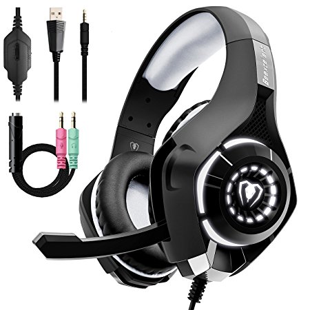 Beexcellent Gaming Headset for PS4 Xbox One PC Nintendo Switch (Audio) with Noise Isolation Mic Crystal Stereo Surround Sound LED Lights (GM-1) (Grey)