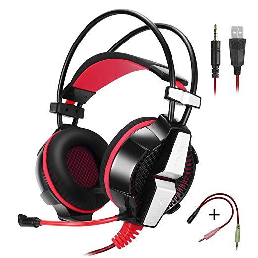 KOTION EACH GS700 3.5mm Gaming Game Headset Headphone Earphone Headband with Mic Stereo Bass LED Light for PS4 PC Computer Laptop Mobile Phones (Red)