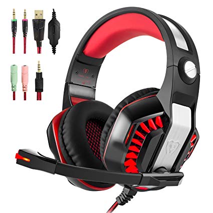 Hotyet Newest PS4 Xbox One PC 3.5mm Gaming Headset with Mic Sound Clarity Noise isolating LED lights Soft&Comfy ear-pads Y-Splitter for Laptops Tablet Smartphones (Beexcellent) (Red)