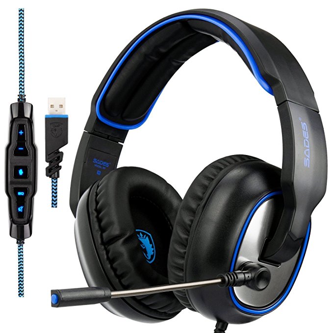 GW Sades R7 Virtual 7.1 Channel Surround Sound gaming headset, USB Wired Over Ear Headphones with Microphone&EQ Mode&Noise Cancelling&In-line Volume Control&LED for PC PS4 Mac(Black&Blue)