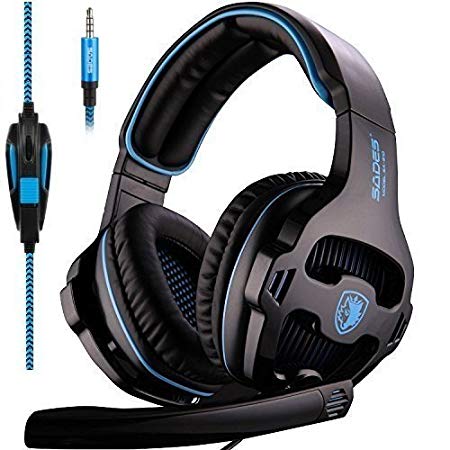 Sades SA810 PS4 Gaming Headset with Microphone and PC Adapter Over Ear Stereo Headphones for New Version Xbox One/PlayStation 4 Laptop Mac Computer,Black/blue