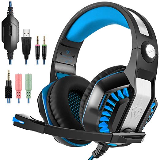 GM-2 Gaming Headset for PS4 Xbox One PC Laptop Smartphone Tablet Cell Phone, AFUNTA Stereo LED Headphone with Microphone and Y Splitter- Black+Blue