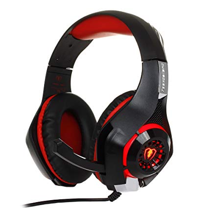 GM-1 Gaming Headset for PS4 Xbox one Laptop PC Tablet iPhone Ipad Samsung Smartphone, Headphone Microphone Stereo LED Light with 3.5mm Headphone Splitter and Small Mouse Pad by BKING-BOX (Black-Red)