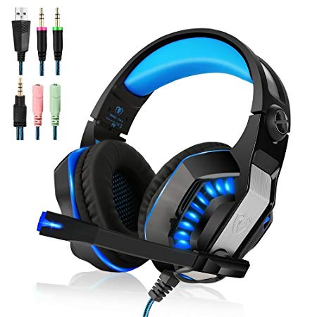Xbox One Headset | PS4 Headset | Xbox One S Gaming Headset with Microphone VOTRON Over Ear Stereo Gaming Headphones with LED Light Noise Reduction for Xbox One PS4 PC Mac iPad PSP Headphones (blue)