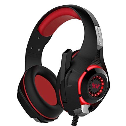 Gaming Headset PS4 Headphones with LED Light, Wired Over Ear Stereo Bass PC Game Headset with Microphone, In-line Control, Volume Control for PC Computer Tablet Laptop (Red)