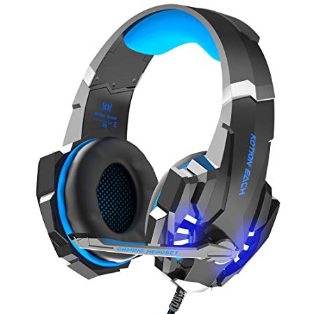 VersionTech G9000 Gaming Headset for PS4 Xbox One PC, Stereo Surround Sound Headphone with Mic, LED Lights, Noise Reduction Earmuffs for Mac Computer Laptop Cellphone Nintendo Switch/3DS Wii U - Blue