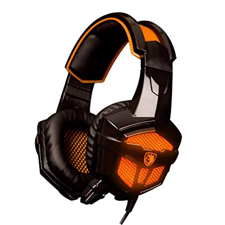 Gaming Headphones,Sades SA-738 3.5mm USB Plug Lightweight Over Ear PC Headset with Microphone PU Ear-pad for Gamers Laptop PC MAC Laptop Retail-Box Packaging AFUNTA--Black/Orange