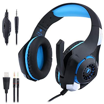 eForHome Gaming Headset with Mic Noise Cancelling Headphones for PS4 PlayStation 4 / PC / Laptop / Tablet / Mac iPhones, 3.5MM Headphone Splitter with USB LED Light (Black-blue)