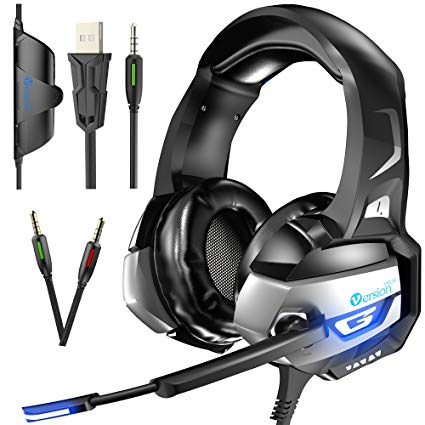 VersionTech K5 Stereo Gaming Headset for PS4 Xbox One Controller, PC, Noise Cancelling Over Ear Headphones with Mic and Volume Control, Glaring LED Lights and Bass Surround