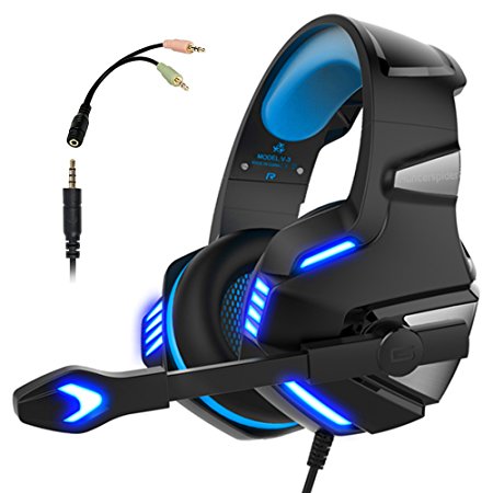 Gaming Headset for PS4 Xbox One, Micolindun Over Ear Gaming Headphones with Mic Stereo Surround Noise Reduction LED Lights Volume Control for Laptop, PC, Mac, iPad, Smartphones (ONE YEAR WARRANTY)
