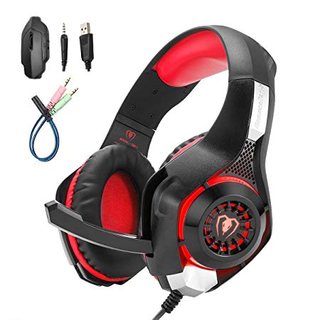 Mengshen Gaming Headset for PC/Laptop/Smartphones/iPad/iPhone/PS4/Xbox One - with Mic, Volume Control, Cool LED Lights and Soft Earpads - GM1 Red