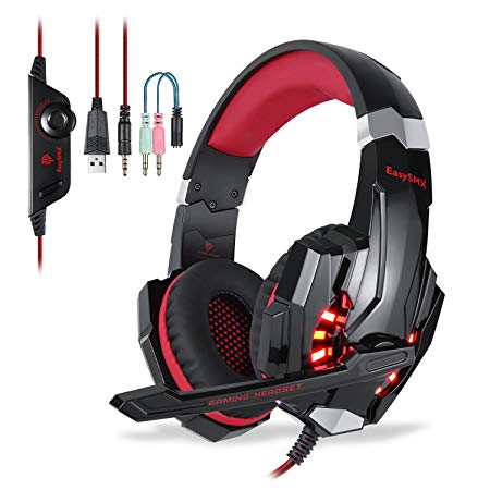 EasySMX G9000 Stereo Gaming Headset for PS4 New Xbox One with Mic LED Lighting Noise Cancellation and In-line Controller Compatible with Laptop, PC, Mac, Computer, Smartphones, Nintendo Switch Games
