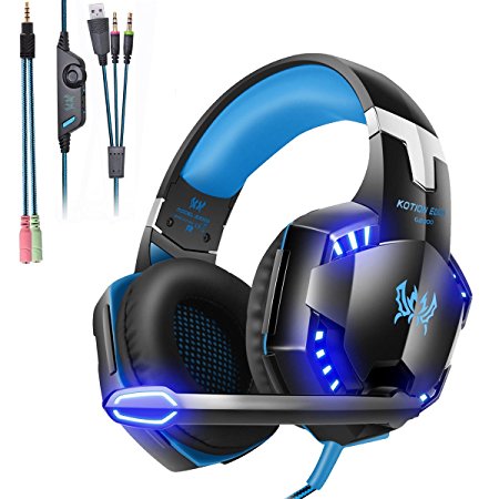 Mengshen Gaming Headset - With Mic, Volume Control and Cool LED Lights - Compatible with PC, Laptop, Smartphone, PS4 and Xbox One Controller, G2000 (Blue)