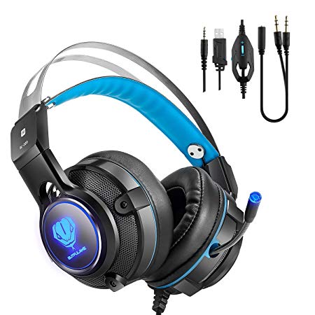 IVSO Gaming headset for Xbox one X and PS4, Surround Stereo Over-Ear Headphone Self-Adjustable Headband Soft Comfy Earmuffs with Mic LED Lights for PS4 Nintendo Switch Laptop PC Tablet Smartphones