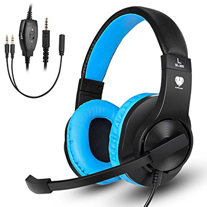 Gaming headset SL-300 with mic for PS4, Xbox one, PC, Computer, EZONE Noise Cancelling Over Ear Headphones with Microphone, Surround Sound, Volume Control, Soft Memory Earmuffs-Blue