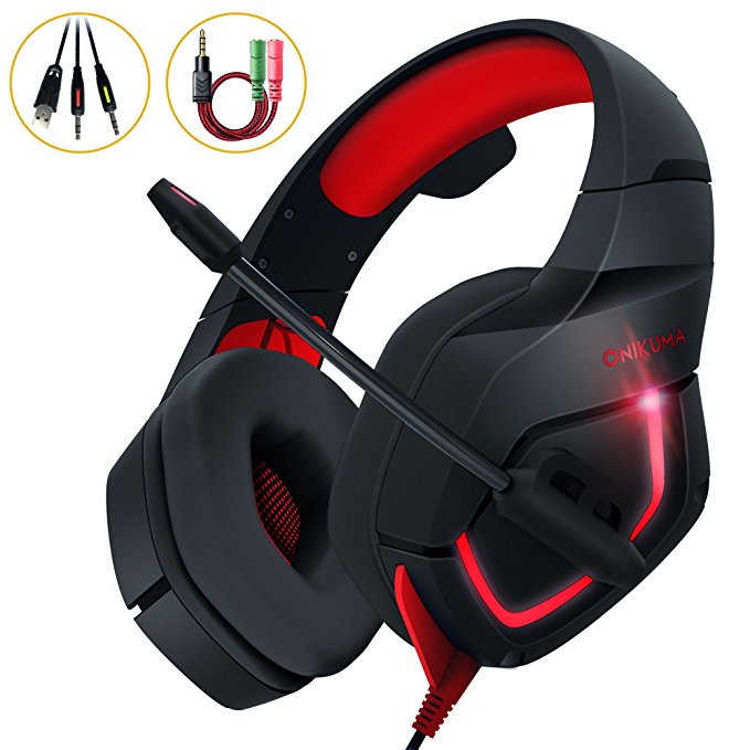 PC Gaming Headset, MillSO K1 Stereo Bass Surround Over-Ear Headphone with Adjustable Microphone, 3.5mm Audio Jack Y Cable Adapter, LED Light and Volume Control for PS4 Xbox one PC Nintendo Switch-Red