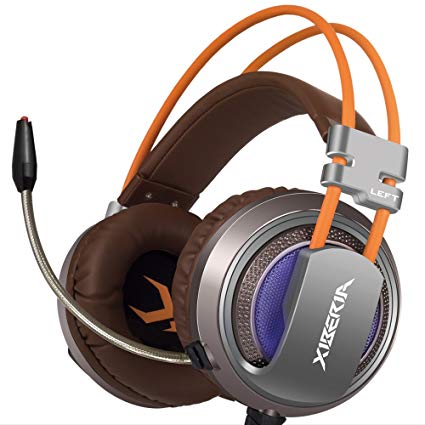XIBERIA V10 USB Surround Sound Gaming Headset Noise Isolation Wired Over Ear Stereo Headphones with Microphone and Volume Control LED Light for PC / Laptop - (Gray/Brown)