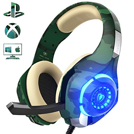 Gaming Headset for PS4 PC Xbox one, Beexcellent Stereo Sound Over Ear Headphones with Noise Reduction Microphone Volume Control and LED Light for Laptop Tablet Mac iPad (Camo)