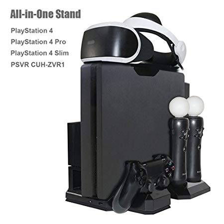 Charger & Vertical Display Stand - Multi Charging Station, Cooling Fan Cooler, PSVR Glasses Holder Bracket for PlayStation PS VR Headset, PS4, Pro, Slim Console, DualShock 4 & Move Motion Controller