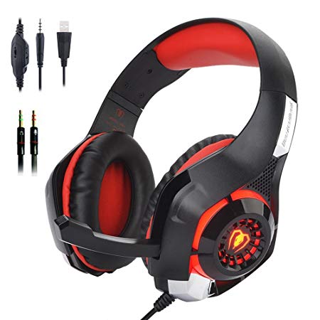 Stereo Gaming Headset for PS4 Xbox One, Beexcellent 3.5mm Bass Over Ear PC Gaming Headphones with Mic/Surround Sound/Noise Isolation/Volume Control/LED Light for Laptop/Mac/iPad/Smartphone/Computer