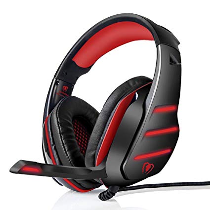 Gaming Headset with Mic for PlayStation 4 PS4 PC Laptop Tablet Xbox One, IKOCO Wired Surround Sound Noise Reduction Game Headphones, LED Lighting & Easy In-line Volume Control (Red)