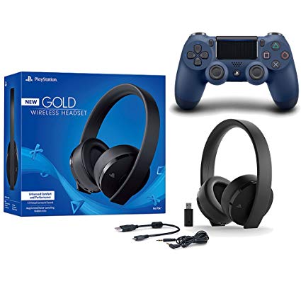 Sony PlayStation Gold Wireless Headset 7.1 Surround Sound PS4 New Version 2018 and Dualshock 4 Midnight Blue Bundle