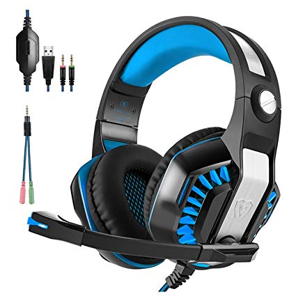 Gaming Headset, Beexcellent Over-ear Stereo Bass Wired Hi-Fi Gaming Headphones USB&3.5mm Noise Reduction with Microphone & LED Light for Laptop/Tablet/Mobile Phones/PS4 - Black+Blue