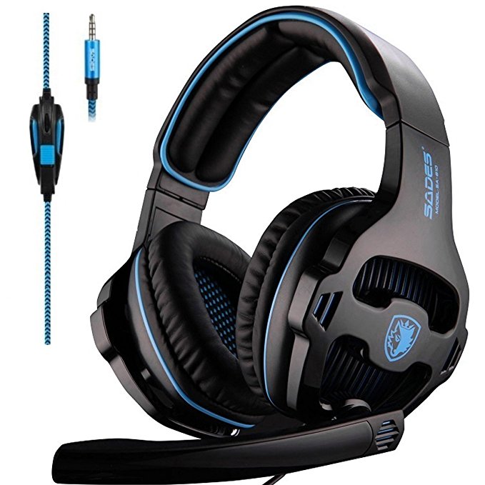 SADES SA810 PS4 Xbox One Headset Over Ear Stereo Gaming Headset Bass Gaming Headphones with Noise Isolation Microphone (Black&Blue)