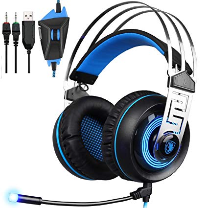 Sades A7 Two 3.5mm Wired Stereo Noise Canceling LED Light PC Gaming Headset Headphones with Microphone Flexible for Laptop Computer Volume Control,Black/Blue