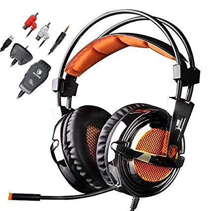 Gaming Headset for PS4 PS2 PS3 Xbox One Xbox 360 PC Mac Laptop, SADES SA928 3.5mm Stereo Over Ear Gaming Headphones With Mic by AFUNTA-Black/Orange