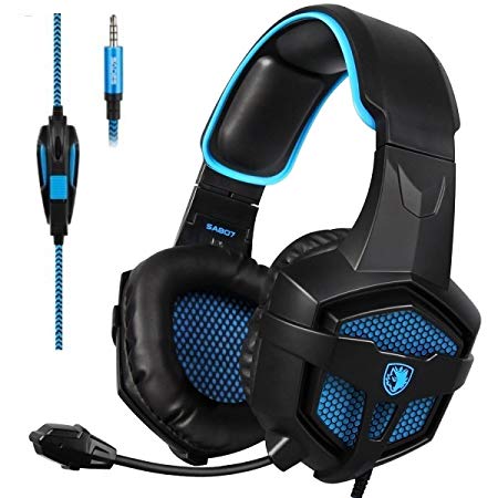 Sades SA-807 Stereo Gaming Headset Headphones 3.5mm Wired Over-Ear with Microphone Volume Control for PS4 PC Mac New Xbox one Laptop iPad iPod (Black Blue)