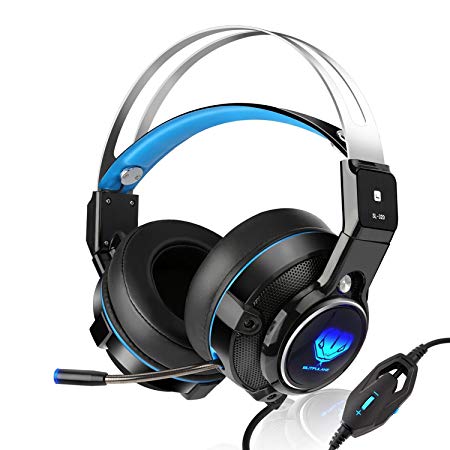SL-320 Stereo Gaming PS4 Headset with Retractable Mic - Xbox One Video Games PS4 Accessories - Mac/ Laptop/ PC Gaming Computer Headphones USB LED - Headset for New Xbox One Wireless Controller (Blue)