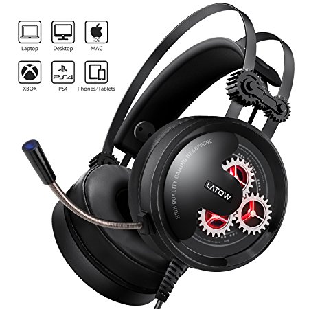 Gaming Headset with Mic, Latow GH02 Stereo Over Ear Noise Cancelling Headphones, 50mm Driver, Led Lights, Bass Surround, Soft Memory Earmuffs for PS4, PC, Xbox One, Switch, Professional Gamer Headset
